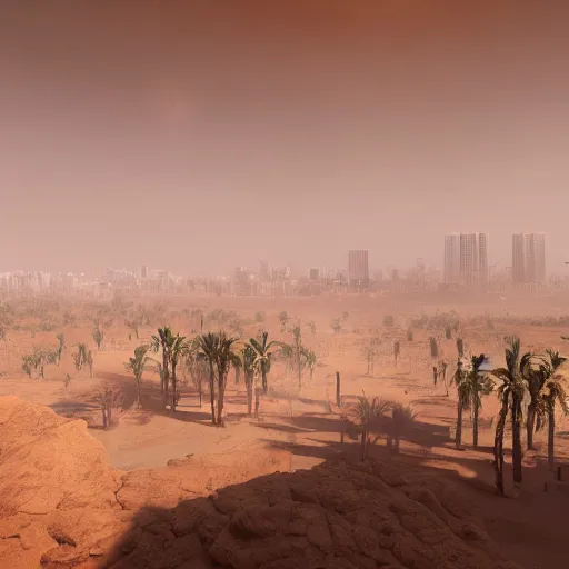 Image similar to A city in the middle of a desert, with a huge sandstorm, in the distance, digital painting, concept art, cityscape, volumetric lighting, light rays, Unreal Engine, 4k, by Barret Frymire