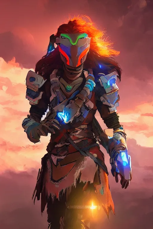 Image similar to combination suit armor aloy horizon forbidden west horizon zero dawn radiating a glowing aura global illumination ray tracing hdr fanart arstation by ian pesty and alena aenami artworks in 4 k tribal robot ninja mask helmet backpack