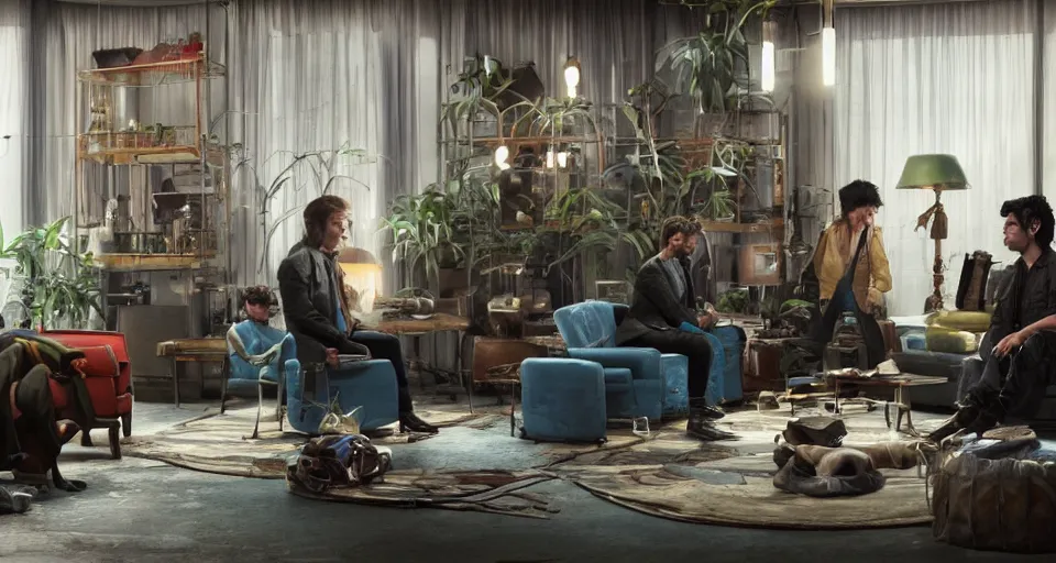 Prompt: impressive small cinematography scene featuring bio - punk aesthetic furniture. close shot of characters discussing an important topic. film still from the new live - action adventure movie. special effects from the studios called industrial light & magi, imageworks, rhythm & hues, weta, blur studio, blue sky studios, sony pictures.