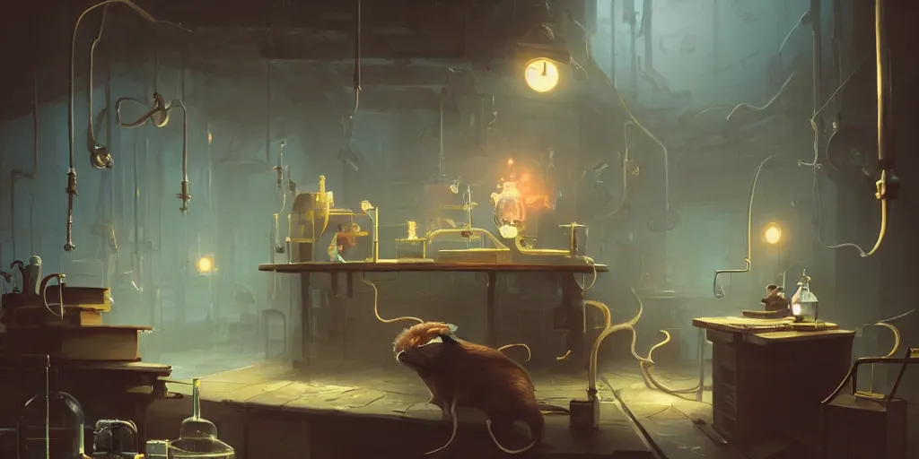 Image similar to rat sitting on a desk in a laboratory with lots of flasks filled with magic liquids and poisonous fog, stephen bliss, unreal engine, fantasy art by greg rutkowski, loish, rhads, ferdinand knab, ilya kuvshinov, rossdraws, tom bagshaw, global illumination, radiant soft light, detailed and intricate environment