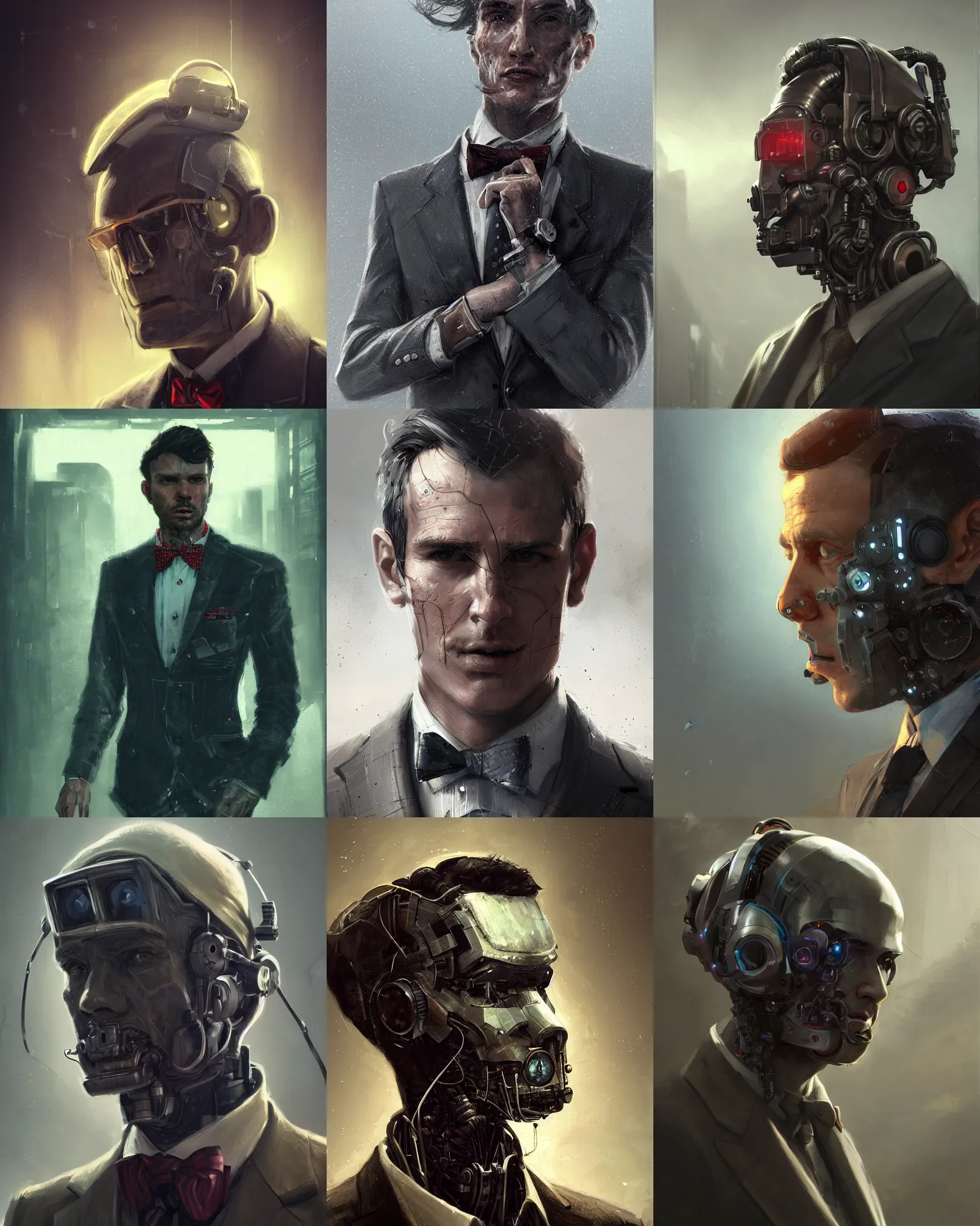 Image similar to a rugged young engineer man with cybernetic enhancements wearing a suit and bowtie, detailed face, scifi character portrait by greg rutkowski, esuthio, craig mullins, 1 / 4 headshot, cinematic lighting, dystopian scifi gear, gloomy, profile picture, mechanical, half robot, implants, steampunk