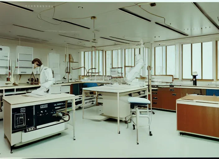 Prompt: realistic interior photo of wooden science laboratory, with white plastic appliances 1 9 9 0, life magazine photo