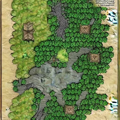 Prompt: a DND forest map created in inkarnat and dungeon draft . Aerial view, d&d tabletop. Art station, Patreon