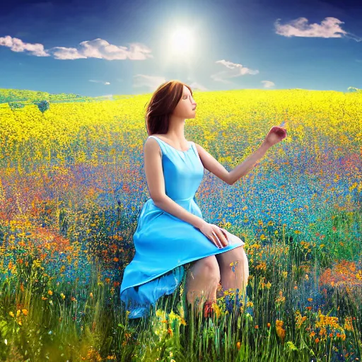 Image similar to A woman with a light blue dress lies on a flower meadow, highly-detailed, dramatic lighting, hyperrealistic, 4k, cinematic landscape