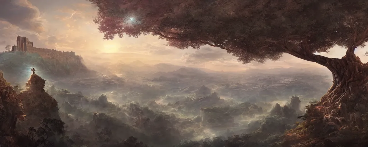 Image similar to gigantic tree on a cliff with ancient city below, above is astral world by quentin mabille