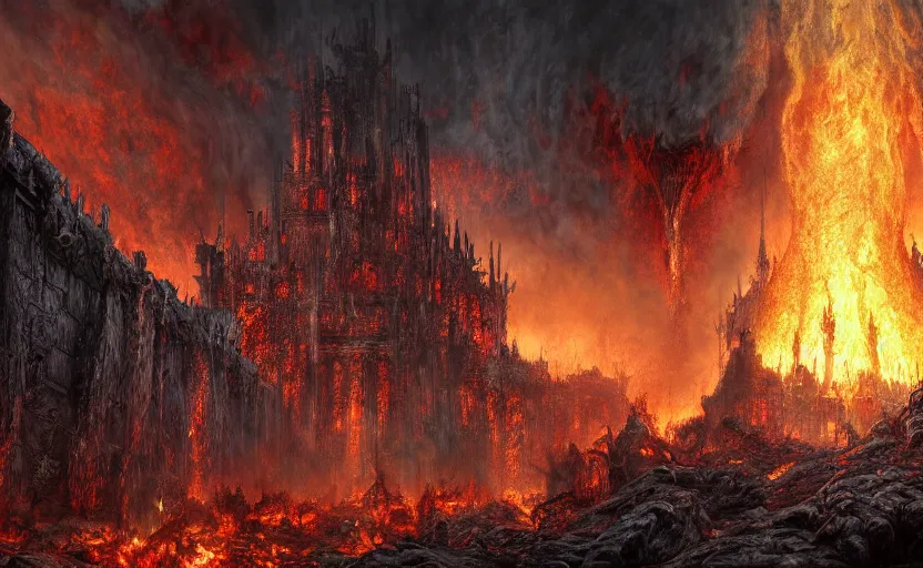 Prompt: a detailed matte painting of the most surreal haunting depiction of hell, in the style of doom eternal, dantes inferno, dark souls, trending on artstation, highly detailed, digital painting, concept art, unreal engine, 4 k wallpaper