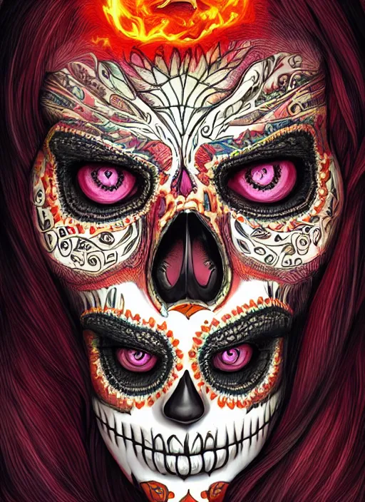 Image similar to portrait of a sugar skull, flaming eyes, intricate, highly detailed, smooth, digital illustration, artstation, the dark and quirky art of scott radke