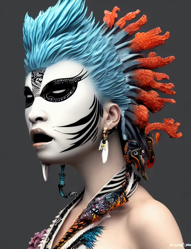 Image similar to 3 d goddess close - up profile simple portrait punk with mohawk with tiger skull. beautiful intricately detailed japanese crow kitsune mask and clasical japanese kimono. betta fish, jellyfish phoenix, bio luminescent, plasma, ice, water, wind, creature, artwork by tooth wu and wlop and beeple and greg rutkowski