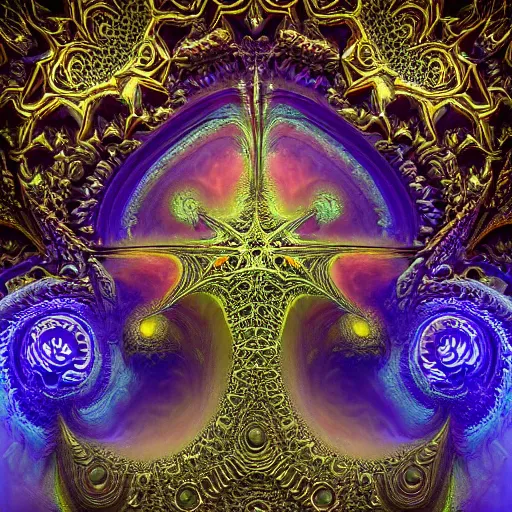 Image similar to a beautiful stone carving of an intricate psychedelic cathedral populated by mandelbrot fractals by android jones, carved soap, unreal engine, volumetric lighting, dynamic lighting, bright, dramatic lighting, high contrast, neon glow, carved marble, opalescent, sacred geometry, religious, angelic, catholicpunk, stark, trending on artstation