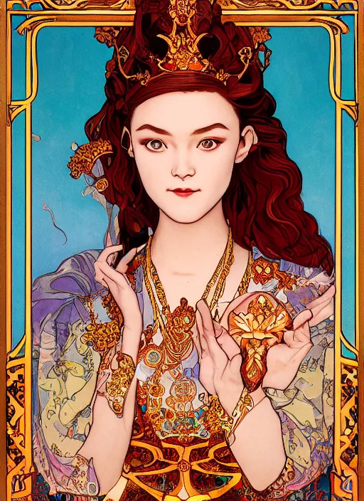 Prompt: well - lit art nouveau portrait of queen sirikrit of thailand who resembles sadie sink with red hair as a princess with intricate, ornate jewelry, natural lighting, path traced, highly detailed, high quality, cartoon, digital painting, by don bluth and ross tran and studio ghibli and alphonse mucha