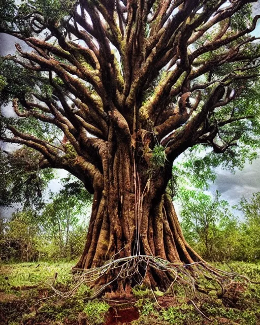 Image similar to a surreal yet plausible iphone photo of an ancient tall tree with multiple kinds of hybrid fruits and vegetables growing from it, SCP-777 the ultimate chimera tree of cornucopia, CGSociety, by James Gurney