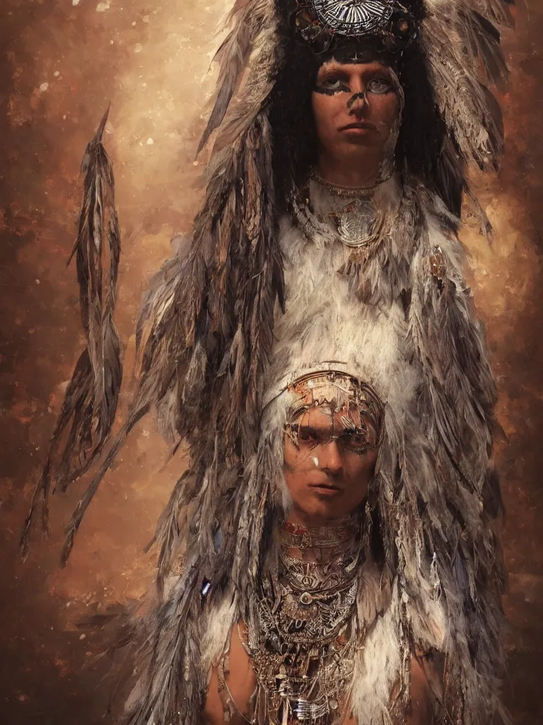 Prompt: A centered portrait of a wise and mystical shaman with a head dress made of feathers and beads with dark robes and trinkets of silver, by Greg Rutkowski, HD , trending on artstation