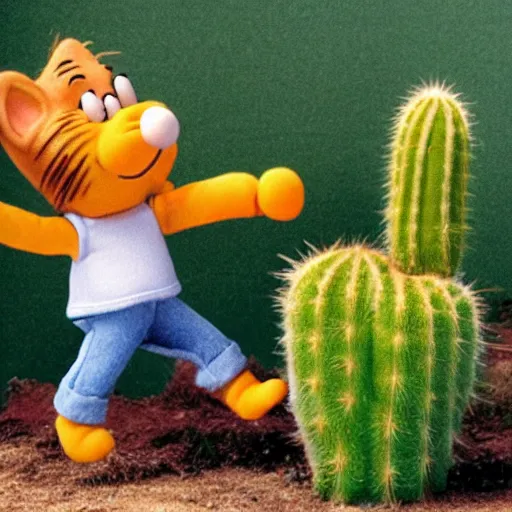 Image similar to garfield fighting a cactus