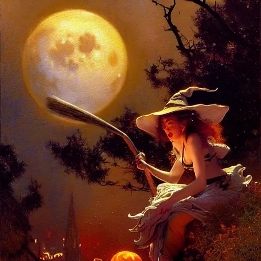 Image similar to witch flying using a broom, trough the night, fantasy, full moon in background. highly detailed painting by gaston bussiere, craig mullins, j. c. leyendecker 8 k