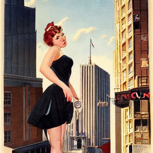 Image similar to man, city, street, kitten heel, buildings, by gil elvgren, olivia