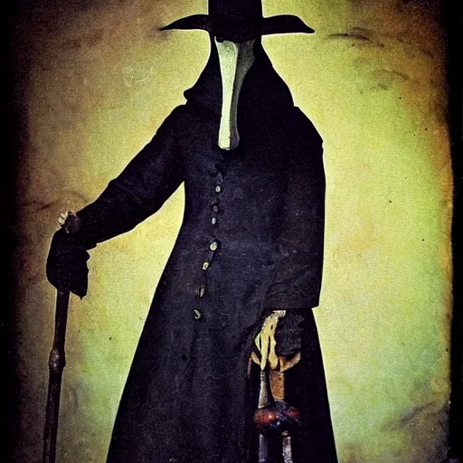 Prompt: colorful portrait of a plague doctor, ominous, 1 8 0 0 s victorian photo, hand coloured photo, atmospheric, highly detailed, by joel peter witkin and hieronymus bosch
