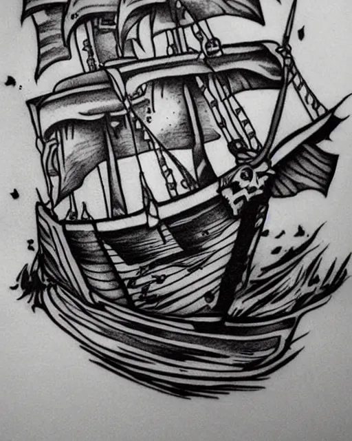 Image similar to A tattoo design of a pirate ship, black and white, on white paper, highly detailed, realistic tattoo, trending on pinterest