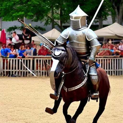 Image similar to a mounted knight in full armor and a lance, riding in a jousting tournament