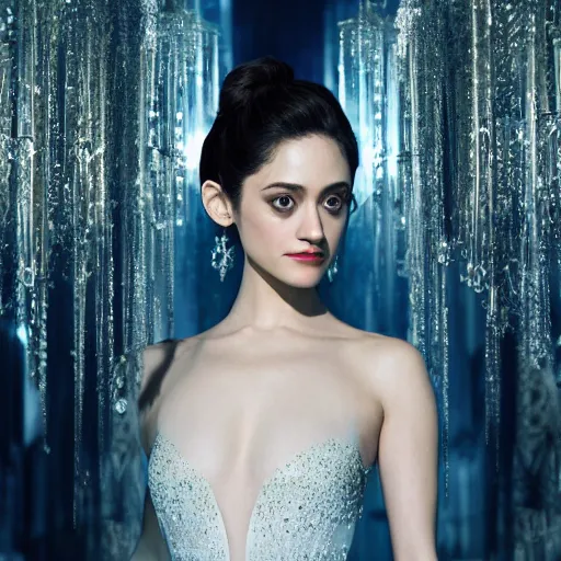 Prompt: emmy rossum in a ballroom gown, stunning, surrounding cinematic light, hyper detailed, 4 k cinematic octane render, beautiful face