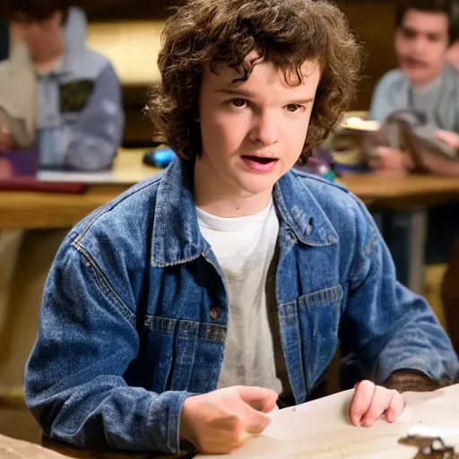 Prompt: professional photograph of will from stranger things playing dungeons and dragons, HD, 8K