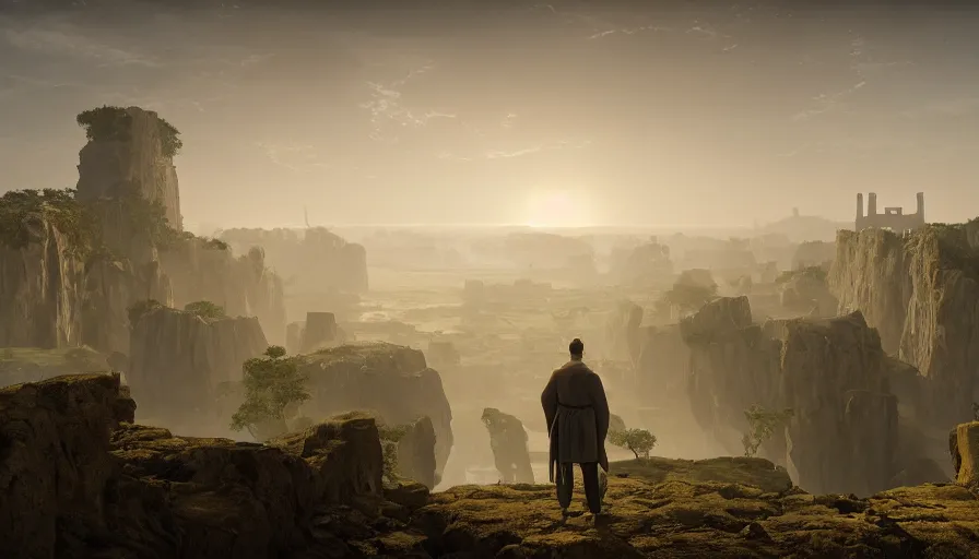 Image similar to a land of ruins of lost civilization with a distant fort in the middle, pure gold pillars, water tunnels below and a magical time gate to another dimension, a man wearing a white robe standing watching over, dramatic lighting, dawn, by caspar david friedrich, unreal engine 5