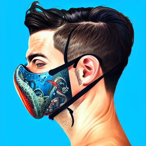 Image similar to a profile photo of a man with underwater mask with tattoos on arm and neck, side profile in underwater, highly detailed, digital painting, artstation, illustration by Sandra Chevrier