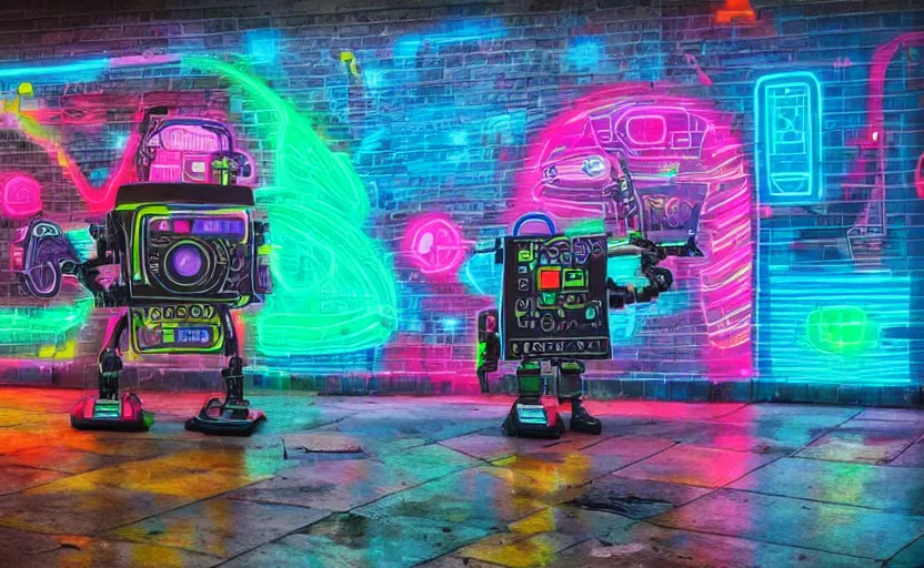 Image similar to mural of a cyberpunk robot, neon colors, painted on a giant wall