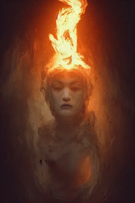 Prompt: portrait of a ghost burning, floating in the darkness space, ancient wood environment, Cinematic lighting, insanely detailed, trending on artstation, golden ratio, concept art by Agesandro de Rodas & Emil Melmoth