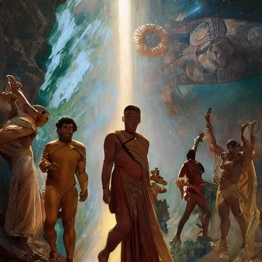 Image similar to popular STAR TREK movie scene in ancient Greece, (SFW) safe for work, photo realistic illustration by greg rutkowski, thomas kindkade, alphonse mucha, loish, norman rockwell