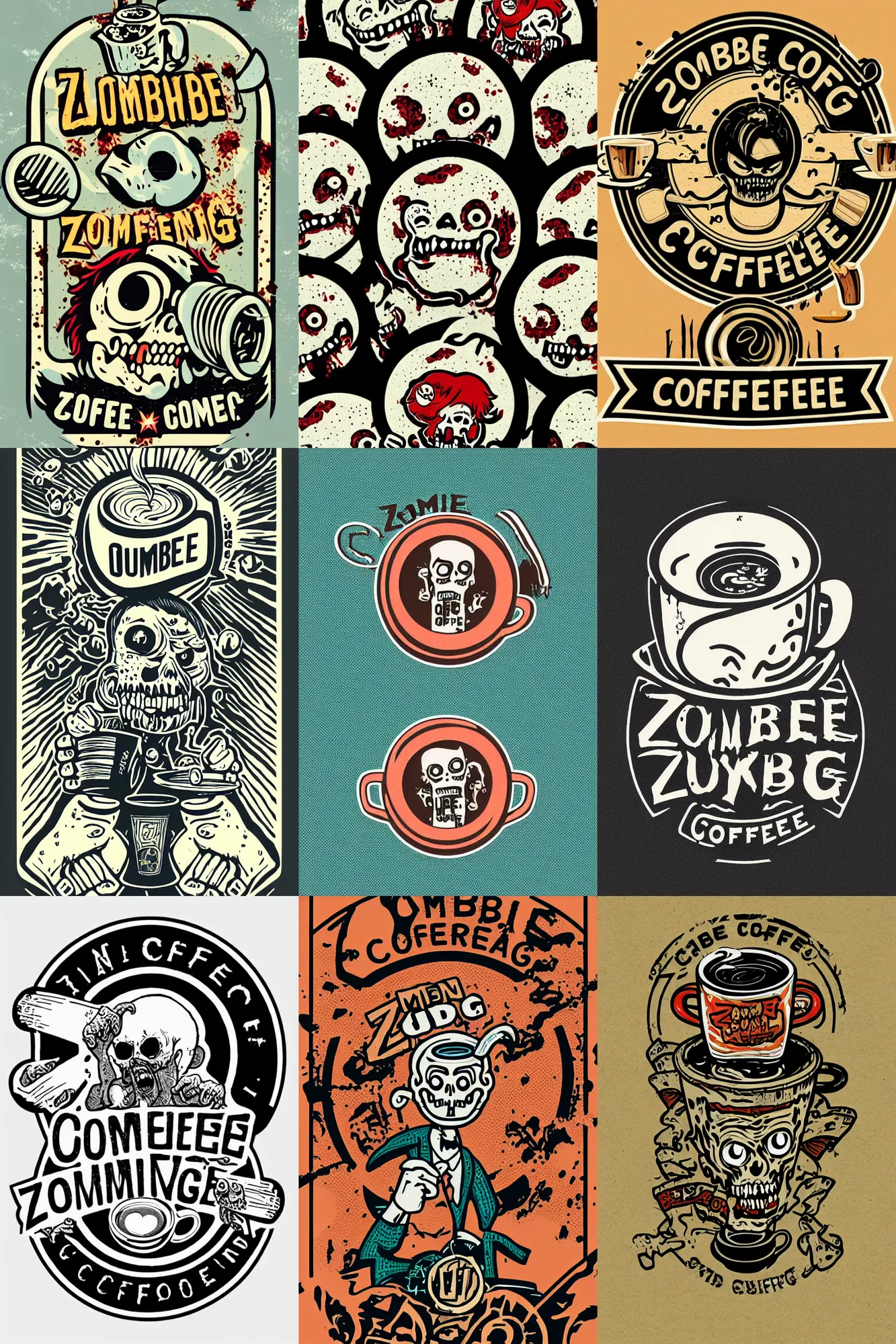 Prompt: logo design, zombie chasing coffee, patch logo, by mcbess, full colour print, gradients, 1 9 7 0 s, high detail