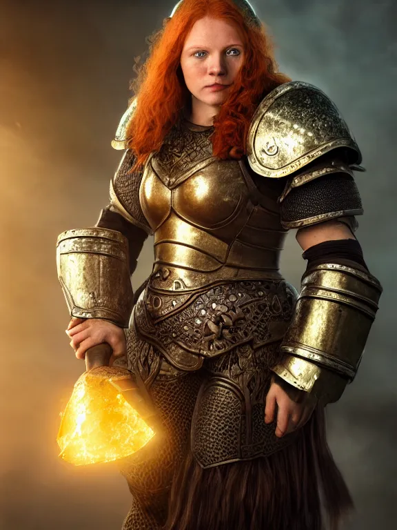 Prompt: dwarven woman, ginger hair, green eyes, holding hammer in one hand shield on the other, with plate armour ultra realistic , lens flare, atmosphere, glow, detailed, intricate, full of colour, cinematic lighting, trending on artstation, 4k, hyperrealistic, focused, extreme details, unreal engine 5, cinematic, masterpiece