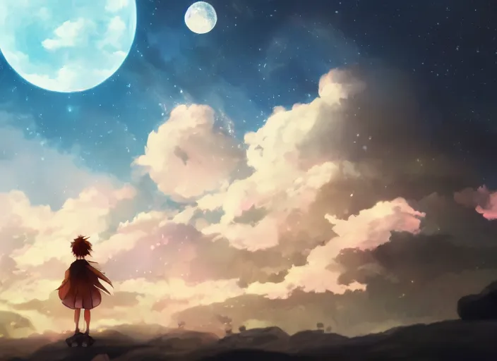 Image similar to illustration night sky clouds multiple moons | | anime key visual, official media, illustrated by wlop, extremely detailed, 8 k, trending on pixiv, cinematic lighting, beautiful