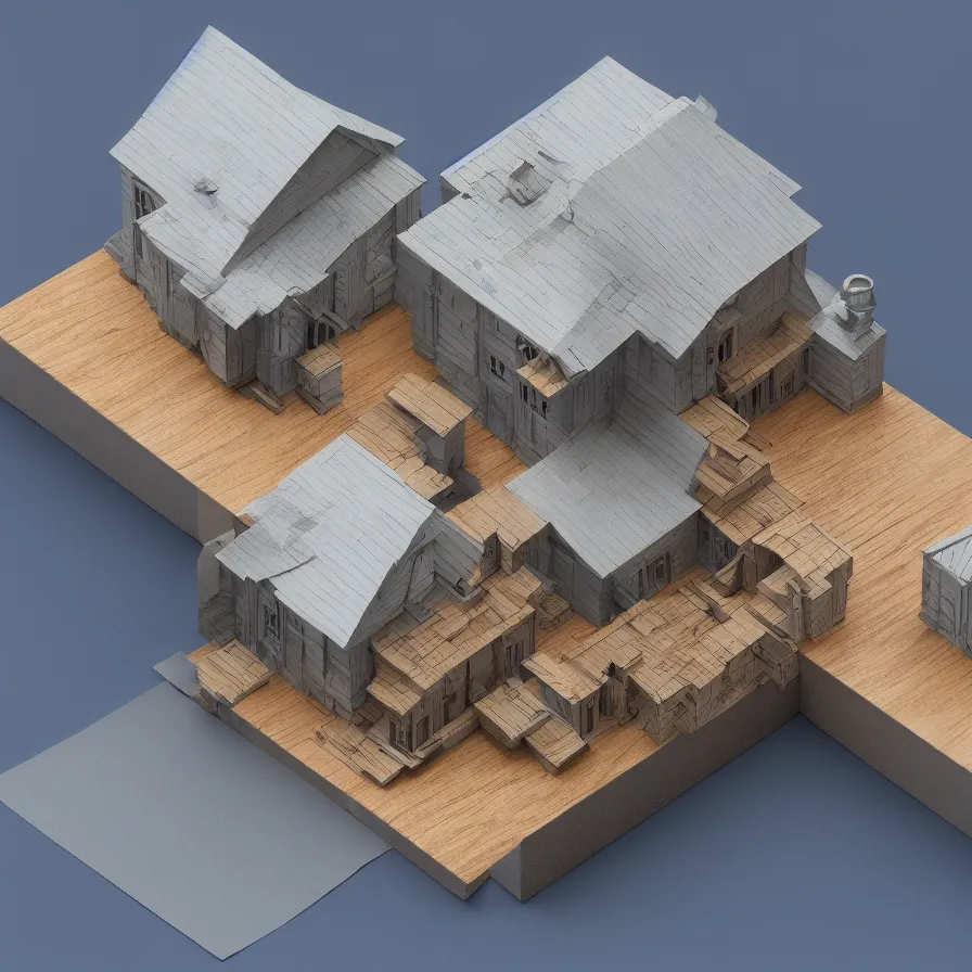 Image similar to architectural model, isometric view, 3 d render, studio lighting, wood and paper, low contrast, dark background, highly detailed, house, courtyard, tree, blue