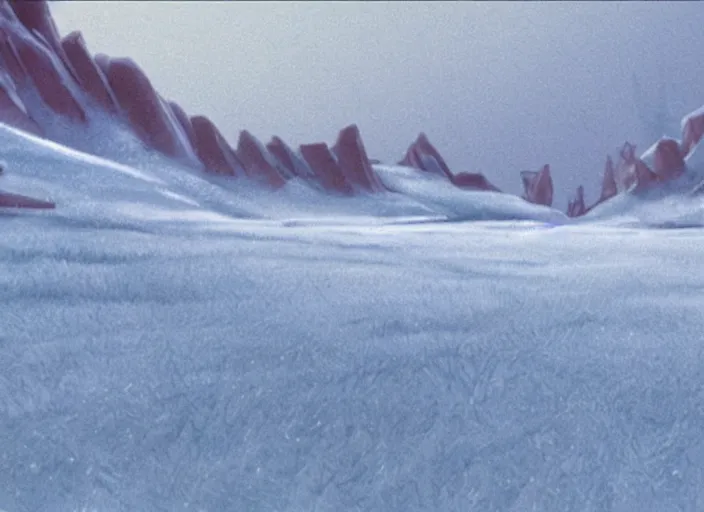 Prompt: stark minimalist frozen creek snowdrift landscape by bill watterson from mulan ( 1 9 9 8 )