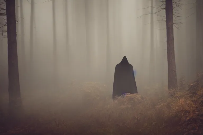 Prompt: grim reaper cloaked in smoke coming at you in a dark forest