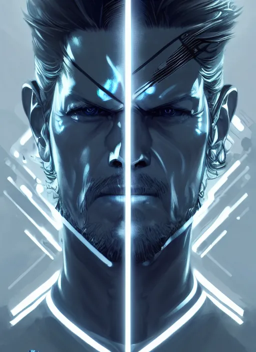 Image similar to symmetry!! portrait of solid snake, metal gear solid, tech wear, glowing lights!! intricate, elegant, highly detailed, digital painting, artstation, concept art, smooth, sharp focus, illustration, art by artgerm and greg rutkowski and alphonse mucha