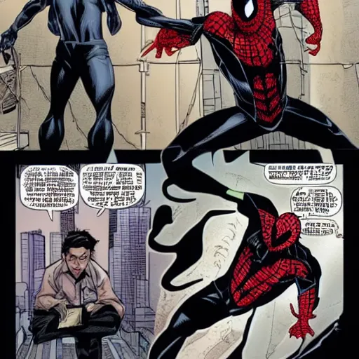 Prompt: peter parker being taken over by the venom symbiote