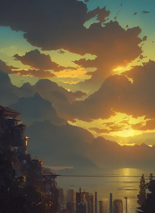 Image similar to detailed depiction of a seattle sunset, art by greg rutkowski, loish, rhads, ferdinand knab, makoto shinkai and lois van baarle, ilya kuvshinov, rossdraws, tom bagshaw, global illumination, radiant light, detailed and intricate environment