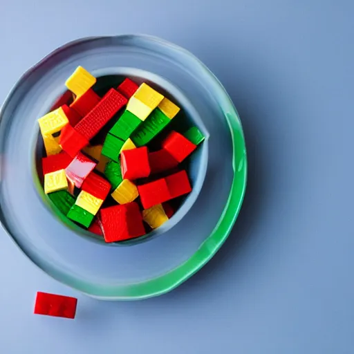 Prompt: A bowl of fruit is made of legos, studio lighting.