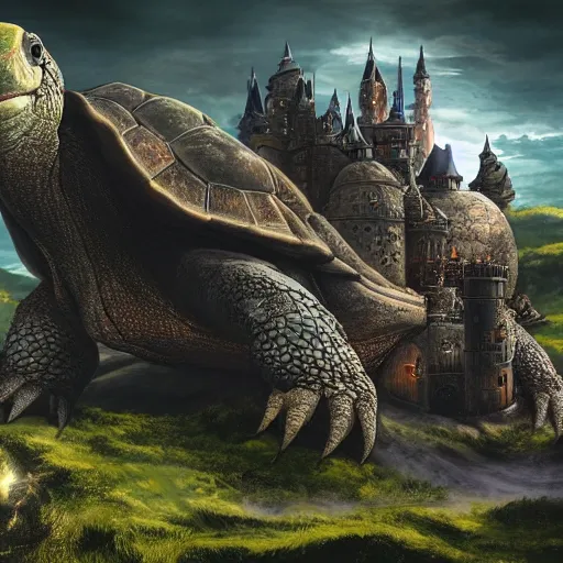 Image similar to large fantasy castle covering the top of a giant tortoise similar to howls moving castle and mortal engines, the tortoise moves accorss harsh wasteland with sharp rays of sunlight, distant - mid - shot, fantasy, hyper detailed, realistic