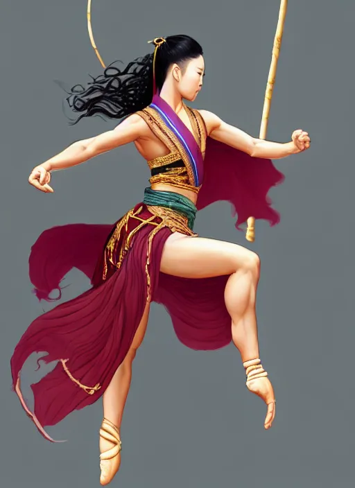 Prompt: full body portrait of a barefoot female dancer using a silk belt as weapon, barefoot, tanned skin, athletic, vivacious, hanfu, fully clothed, absurdly beautiful, chinese ribbon dance, silk belt, scorpion whip, wuxia, battle, detailed, anatomically accurate, fantasy illustration, drawn by wlop, artstation.