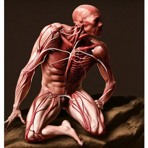 Prompt: male human with translucent skin, visible muscles and veins and arteries and bones and spines and nerves, beautiful detailed intricate insanely detailed octane render, 8k artistic photography, photorealistic, chiaroscuro, by David Cronenberg, Raphael, Caravaggio