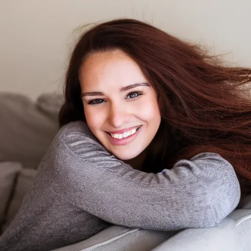 Image similar to a cute young woman smiling, long shiny bronze brown hair, full round face, emerald green eyes, medium skin tone, light cute freckles, smiling softly, wearing casual clothing, relaxing on a modern couch, interior lighting, cozy living room background, close-up shot,