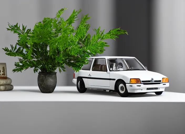 Image similar to a small miniature of a Peugeot 309 1992 on a white table near a book and a vase with a plant, 3d render, octane render, unreal engine 5, path tracing, serene landscape, calm, relaxing, beautiful landscape, highly detailed, high quality, 4k, symmetrical, low contrast, centered