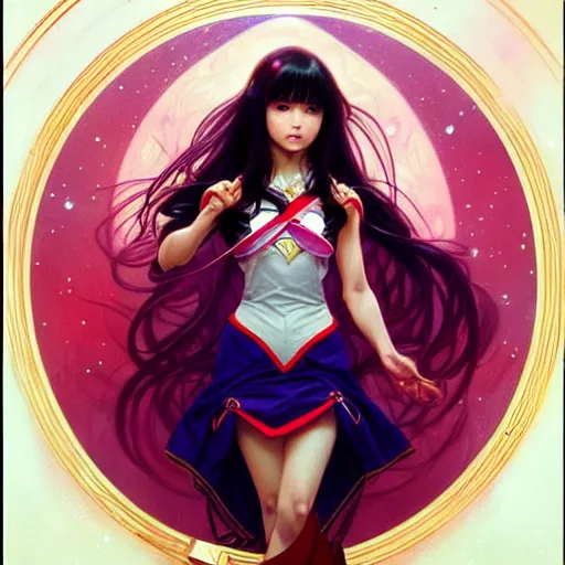 Image similar to a beautiful princess, long dark hair and bangs, sailor mars aesthetic, fantasy, intricate, elegant, highly detailed, digital painting, artstation, concept art, matte, sharp focus, illustration, art by Artgerm and Greg Rutkowski and Alphonse Mucha