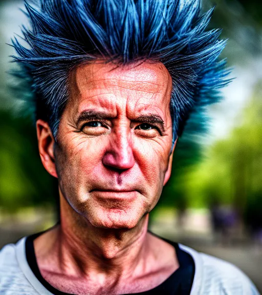 Image similar to award winning 5 5 mm close up portrait color photo of super saiyan biden, in a park by luis royo. soft light. sony a 7 r iv