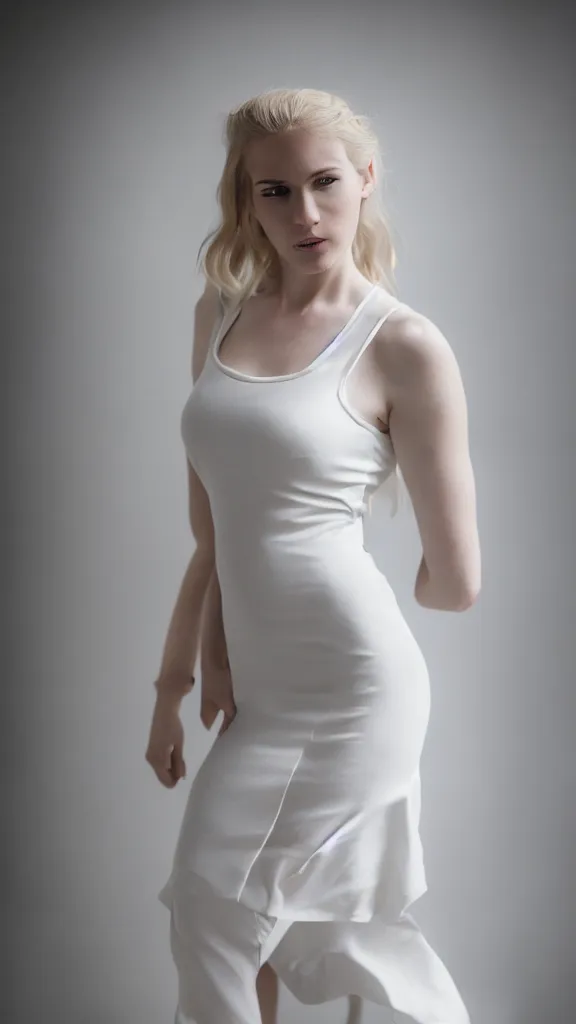 Prompt: detailed photo of emily skinner cosplaying annie leonhart wearing open toe high heels and wearing a white dress in a white room looking up, beautiful face, pale skin, rule of thirds, cinematic lighting, rainy weather, melancholy atmosphere, sharp focus, backlit, stunning, smooth, hard focus, full body shot, studio photo, shot on sony a 7 iii, hyper realistic, hands crossed