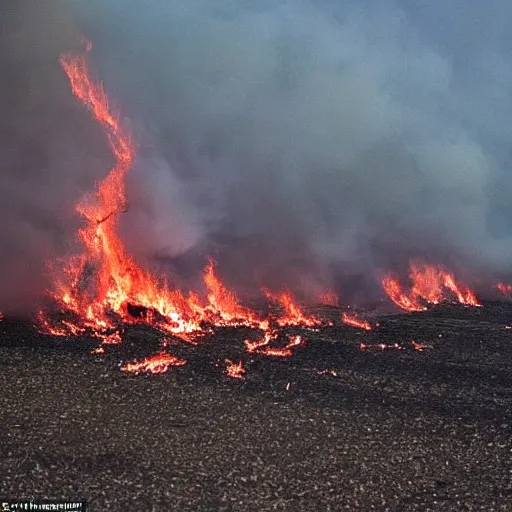 Prompt: Flames erupted from the cracks in the ground as billowing cyclones began to mar the formerly cloudless sky