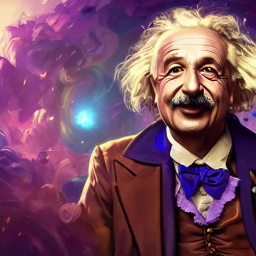 Image similar to portrait of albert einstein as willy wonka, league of legends amazing splashscreen artwork, fantasy, splash art, natural light, elegant, photorealistic facial features, intricate, fantasy, detailed face, atmospheric lighting, anamorphic lens flare, cinematic lighting, league of legends splash art, hd wallpaper, ultra high details by greg rutkowski