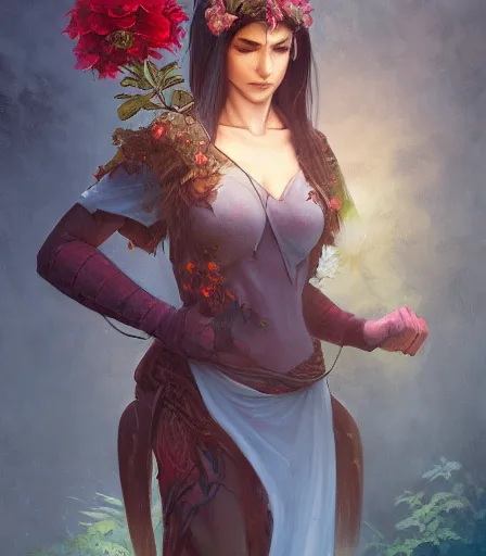 Image similar to Attractive Tiefling Druid,full body, holding flowers, dungeons and dragons portrait, highly detailed, digital painting, artstation, concept art, sharp focus, illustration, art by artgerm and greg rutkowski and alphonse mucha